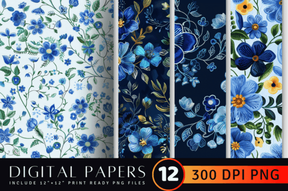 Blue Embroidery Flowers Digital Paper Review