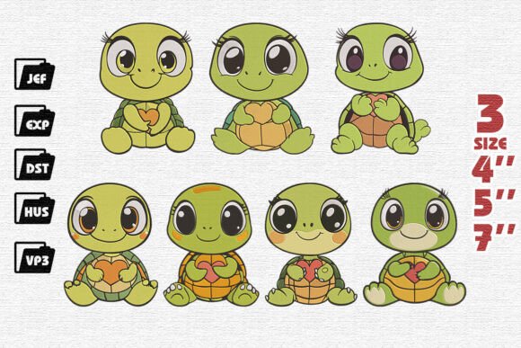 Set of 7 Cute Baby Turtle Embroidery
